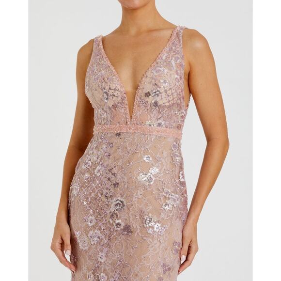 Mac Duggal Pink Floral Embellished Sleeveless Plunge Neck Gown Size 14 NWT 67481 - Picture 4 of 16